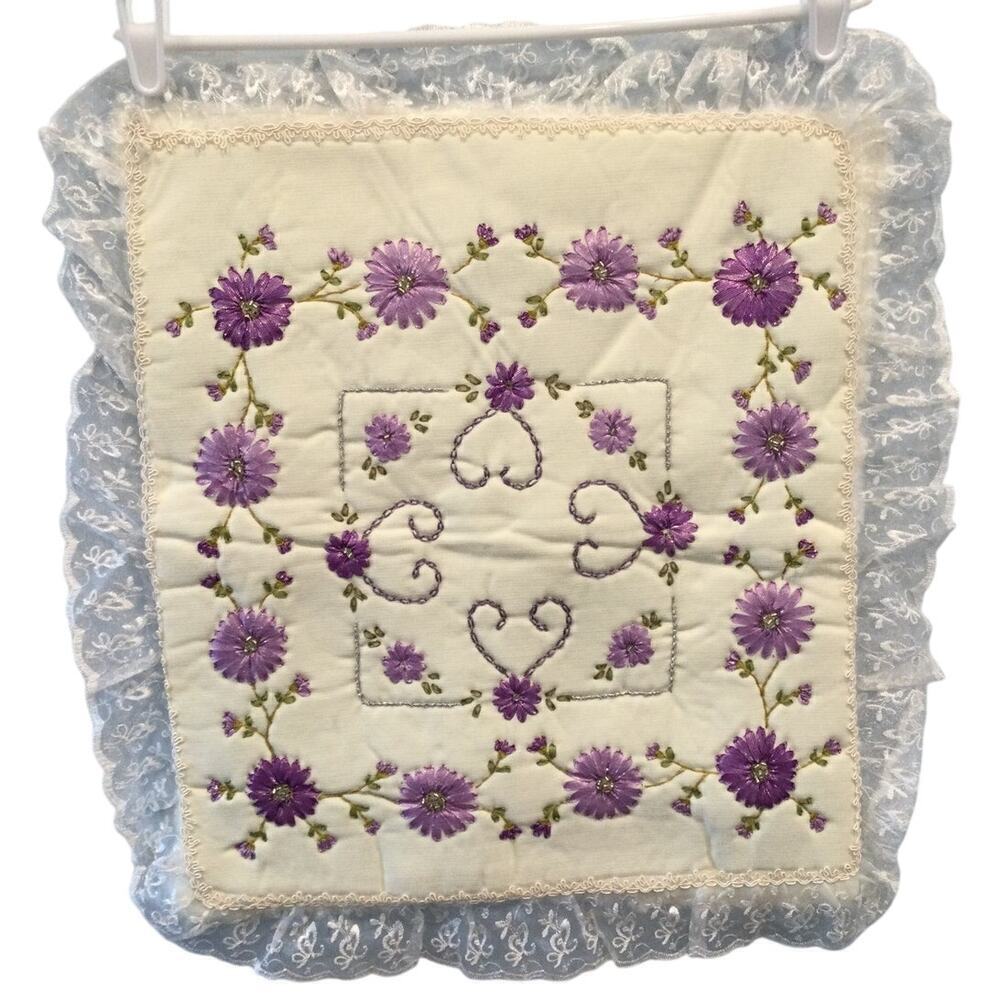 Vtg Handmade Square Pillow Cover Shabby White Purple Flower Lace Valentine Day